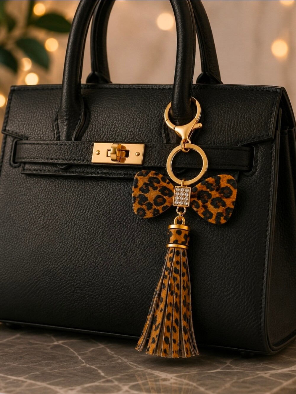 Leopard Print Bow Tassel Keychain - Gold Hardware - Picture 4 of 4